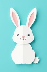 Cartoon white easter bunny sitting on turquoise background