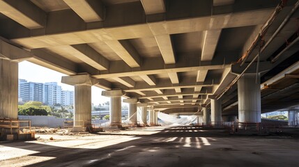 Large scale road underpass construction project with the installation of towering concrete structural beams