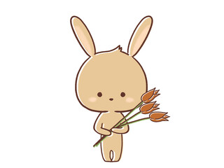 チューリップを持って立つウサギのイラスト