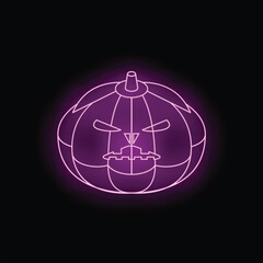 Glowing purple neon sign depicting a jack o' lantern with an evil grin, perfect for halloween decorations