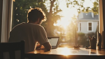 Man working on laptop at sunset, suburban view