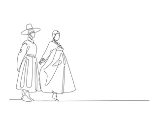A couple wearing hanbok and greeting in continuous one line drawing. Single line art draw of Couple in traditional korean dresses. Editable vector.