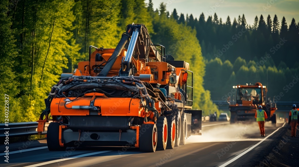 Poster asphalt paver machine smoothly laying down new fresh pavement for transportation infrastructure proj