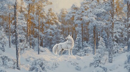 Fototapeta premium Majestic White Wolf Howling in a Snow-Covered Forest at Sunrise, Surrounded by Frost-Laden Trees and Glowing Winter Light