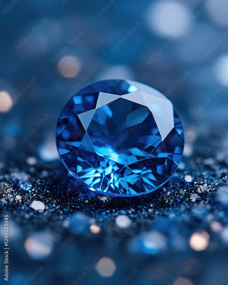 Poster faceted blue gem on dark surface with light bokeh creating a magical and elegant scene