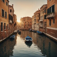 A serene watercolor of a narrow Venice canal at dawn, reflecting soft golden hues.
