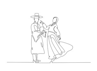 A couple wearing hanbok and greeting in continuous one line drawing. Single line art draw of Couple in traditional korean dresses. Editable vector.