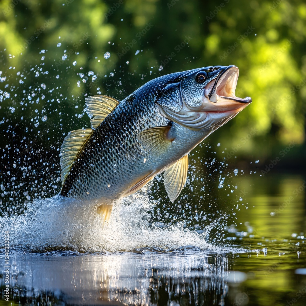 Poster fish jumping out of water with splash in a natural environment with green trees in the background
