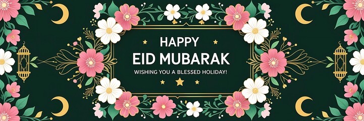 Islamic festival poster background design with flowers and lanterns, suitable for Ramadan Kareem , Hari Raya, Eid Mubarak