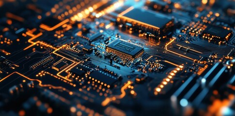 A detailed view of a circuit board under bright lighting, showcasing intricate pathways and components.