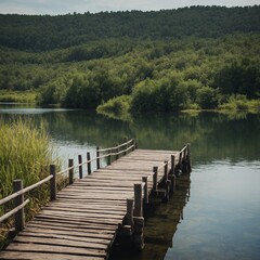 Fototapeta premium A simple watercolor of a wooden bridge over a still lake, painted with minimalistic brushstrokes.