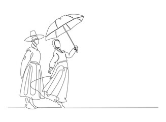 A couple wearing hanbok and greeting in continuous one line drawing. Single line art draw of Couple in traditional korean dresses. Editable vector.