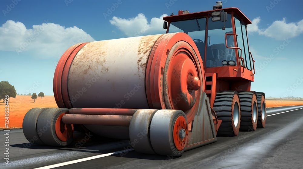 Poster close up view of a large vibrating road roller compacting and smoothing the asphalt or concrete surf