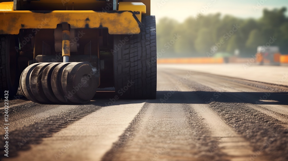 Poster close up view of a large vibrating roller machine compacting and smoothing the asphalt surface durin