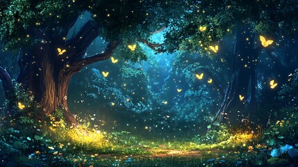 Enchanting Nighttime Forest with Glowing Butterflies and Fireflies