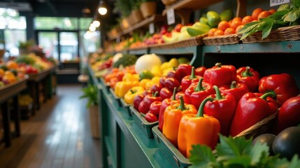 A vibrant display of fresh, colorful bell peppers and other produce in a local market, showcasing the bounty of the harvest season.