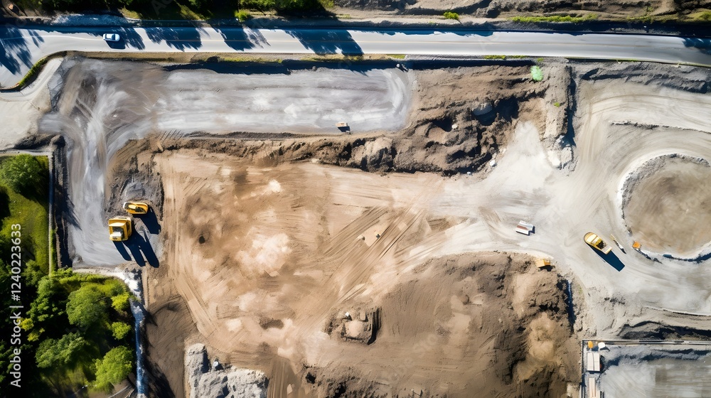 Poster expansive aerial view capturing the progress of a major road construction project showcasing the hea