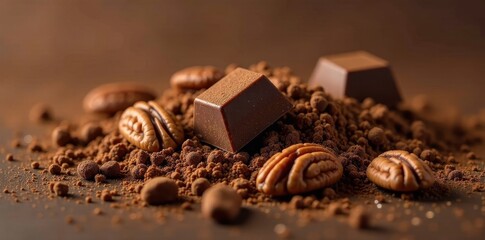 Delicious Dark Chocolate Squares Nestled in Cocoa Powder with Pecan Halves