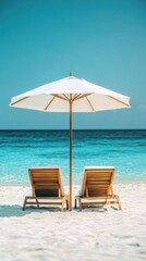 Beach chairs under white umbrella on a tropical beach with turquoise ocean and clear blue sky