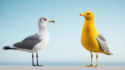 Fototapeta premium A striking image of two seagulls. One is a traditional grey while the other showcases a bright yellow plumage, creating a captivating visual contrast.
