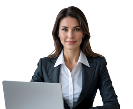 Businesswoman working on laptop in office wearing gray suit and white shirt PNG - Powered by Adobe