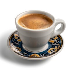 Fototapeta premium Espresso cup, studio shot, white background, decorated saucer, coffee break