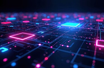 High-tech digital motherboard with neon lights and glowing microchips, technology concept.