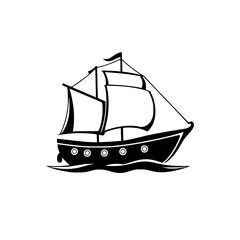 Black and white vector illustration of a sailing ship on the waves. A classic sailboat design, perfect for nautical themes, travel, and adventure projects.