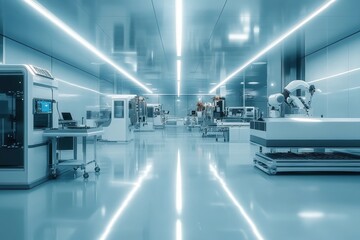 Obraz premium Futuristic cleanroom showcasing advanced technology and sleek design for cutting-edge scientific research.