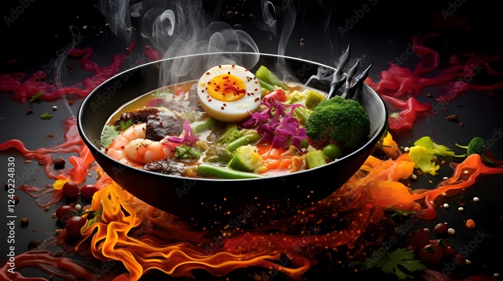 Poster steaming hot bowl of asian style noodles with a vibrant array of fresh toppings and a savory flavorf