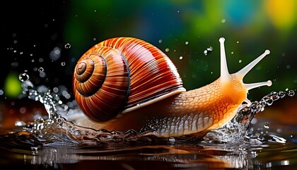 A snail with a brown-striped shell, splashing water, creating dynamic motion