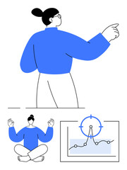 Person gesturing to the future, meditating in a seated posture, and focusing on a growth graph. Ideal for mindfulness, productivity, planning, focus, goals, business growth abstract line flat