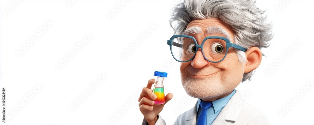 Poster science experiment demonstration by a cartoon scientist in a laboratory environment with a colorful 