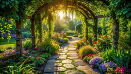 Serene Garden Path Under Sunlit Vine-Covered Arbor, Leading to a Lush Floral Paradise