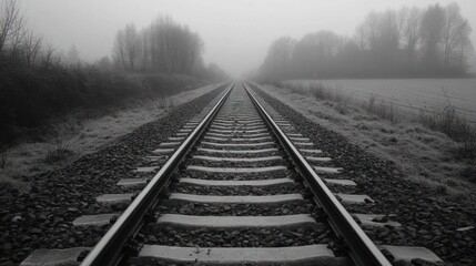 Obraz premium Foggy railway track disappearing into the distance.