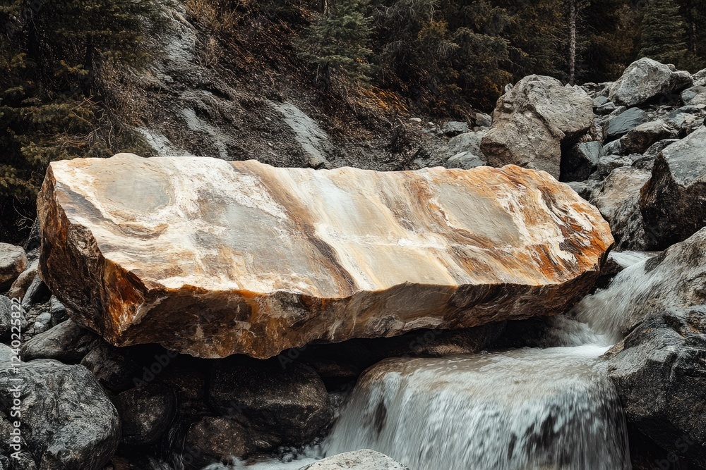Poster a large, uniquely patterned stone rests atop a smaller rock, partially damming a cascading stream in