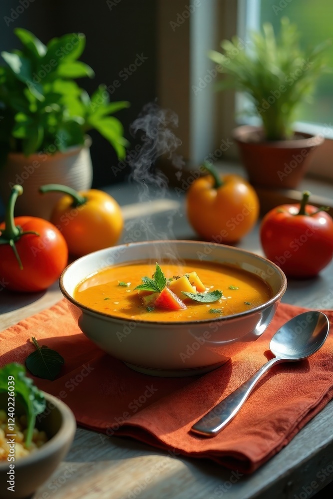 Wall mural Aromatic Steam Rising from Bowl of Warm Vegetable Soup on Rustic Table