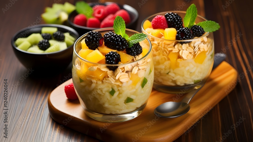 Poster delightful instant oatmeal in a cup garnished with an array of fresh fruit toppings and a drizzle of