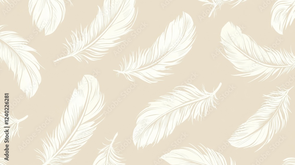 Poster A seamless pattern featuring delicate white feathers on a soft beige background.