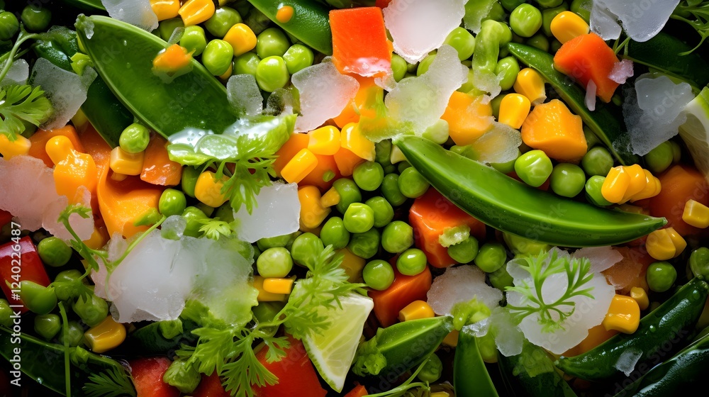 Poster frozen assortment of mixed vegetables including carrots peas and corn placed in a studio setting wit
