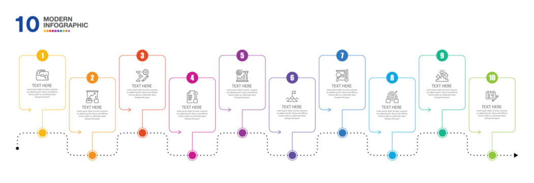 Infographic process design with icons and 10 options or steps.