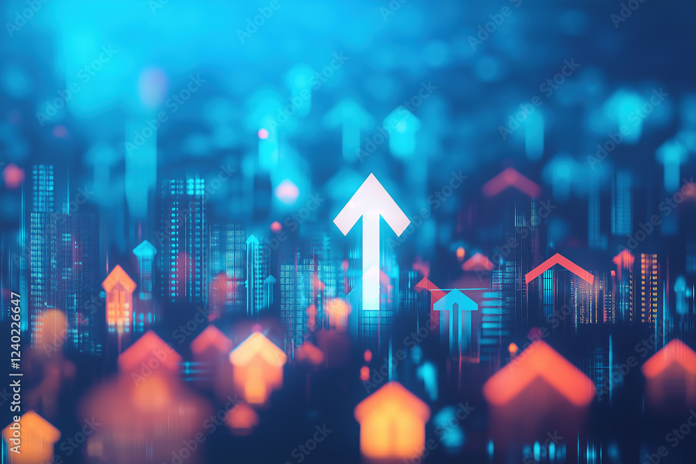 Poster a digital rendering of an abstract background with houses and arrows