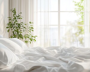 Cozy bedroom with white bedding and greenery.