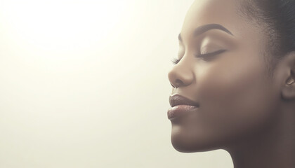 Black woman in a moment of stillness and meditation, soft and peaceful features, soft white background