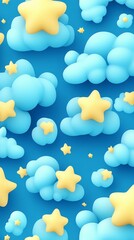 A whimsical pattern of blue clouds and yellow stars on a vibrant blue background.
