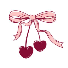 Hand drawn coquette red cherry, pink bow, ribbon. Cute girly design for Valentines day, wedding, birthday, branding, party. Vintage vector illustration on transparent background
