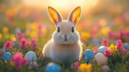 Charming Easter Bunny Surrounded by Colorful Spring Flowers