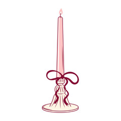 Hand drawn coquette pink candle with bow. Cute girly design for Valentines day, wedding, birthday, bachelorette party. Vintage vector illustration on transparent background