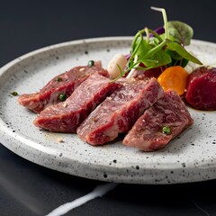 Grilled beef, vegetable garnish, restaurant, dark background, menu