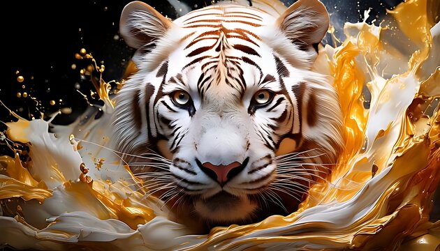 A white tiger rests among flowing gold and white paint, looking forward. - Powered by Adobe